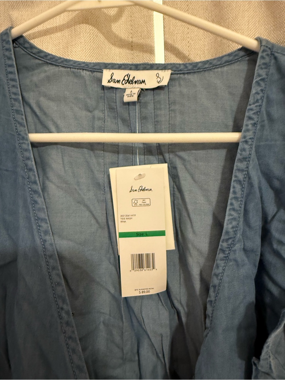 New Sam Edelman Blue Chambray Ruffle Wrap Top L - Picture 2 of 3